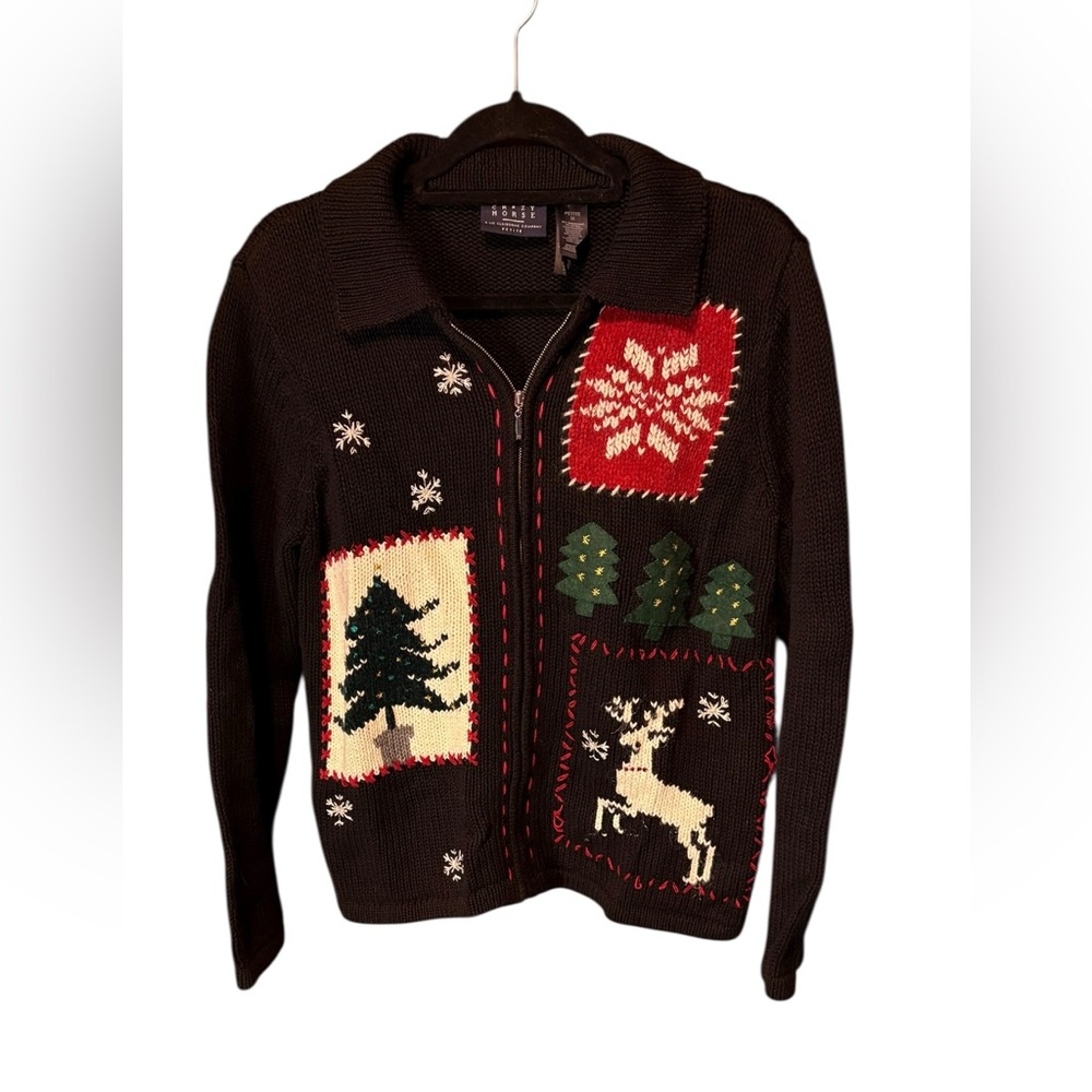 Crazy Horse Liz Claiborne Holiday Zip Sweater Christmas Reindeer Medium Petite